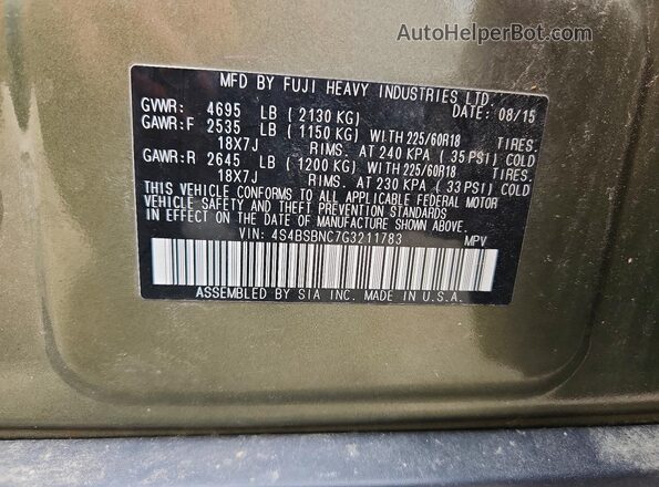 4S4BSBNC7G3211783 2016 SUBARU OUTBACK Green Вид підкапотного простору