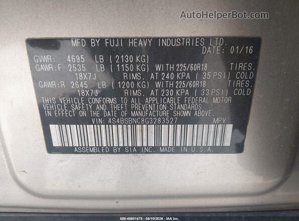 4S4BSBNC8G3283527 2016 SUBARU OUTBACK Gold ძრავის განყოფილების ხედი