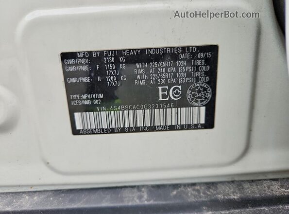 4S4BSCAC0G3231546 2016 SUBARU OUTBACK White Vista de la etiqueta del VIN