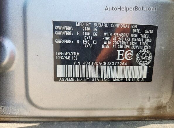 4S4BSDAC8J3372264 2018 SUBARU OUTBACK Silver Engine compartment view