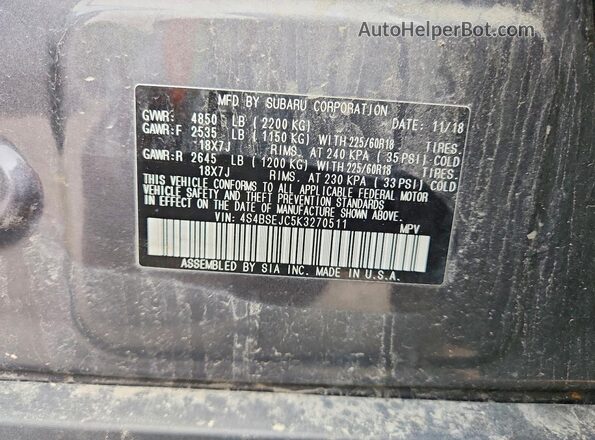 4S4BSEJC5K3270511 2019 SUBARU OUTBACK Charcoal VIN կոդի պիտակի տեսք