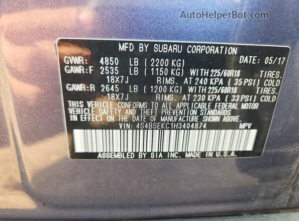 4S4BSEKC1H3404874 2017 SUBARU OUTBACK Blue VIN կոդի պիտակի տեսք