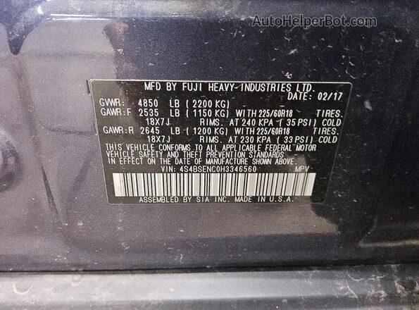 4S4BSENC0H3346560 2017 SUBARU OUTBACK Charcoal Вид підкапотного простору