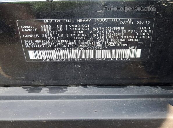 4S4BSENC1G3221467 2016 SUBARU OUTBACK Black Вид наклейки з VIN-кодом