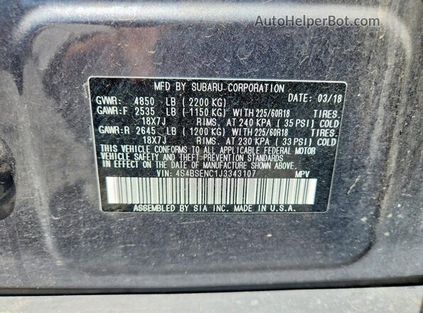 4S4BSENC1J3343107 2018 SUBARU OUTBACK Gray Widok naklejki z numerem VIN