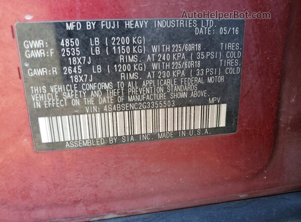 4S4BSENC2G3355503 2016 SUBARU OUTBACK Красный Вид подкапотного пространства