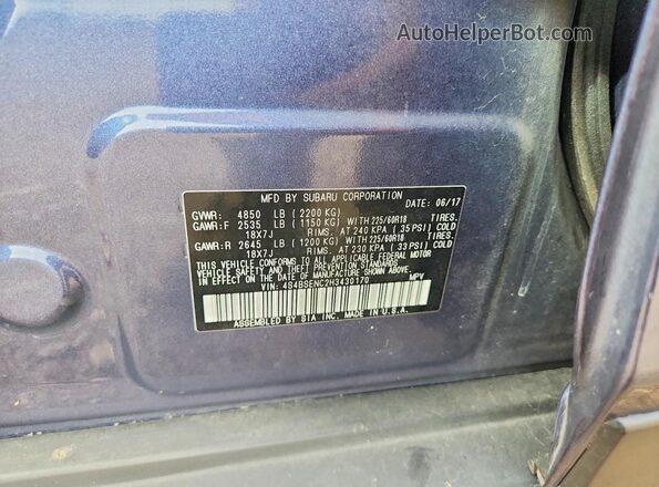 4S4BSENC2H3430170 2017 SUBARU OUTBACK Blue სალონის 360-გრადუსიანი ხედი