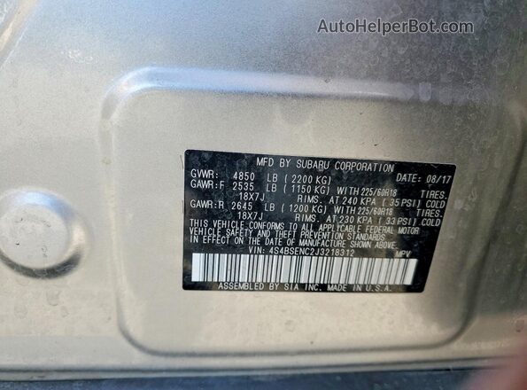4S4BSENC2J3218312 2018 SUBARU OUTBACK Silver Սալոնի 360 աստիճան տեսք
