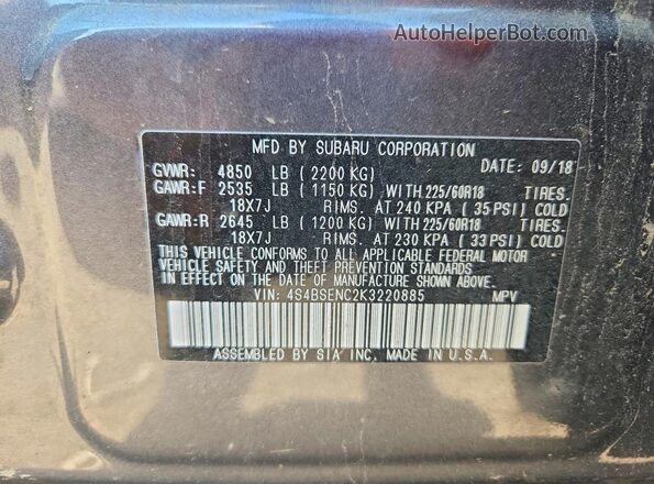 4S4BSENC2K3220885 2019 SUBARU OUTBACK Gray Widok naklejki z numerem VIN