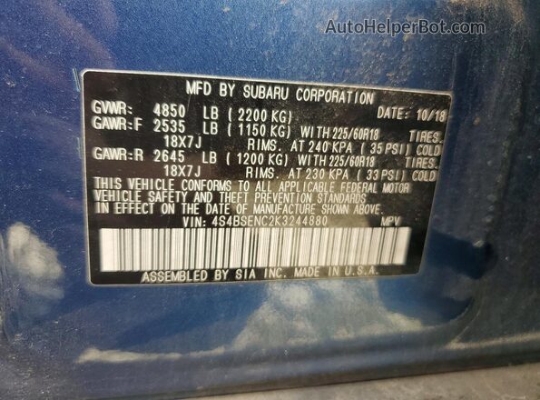 4S4BSENC2K3244880 2019 SUBARU OUTBACK Blue Շարժիչի բաժամունքի տեսք