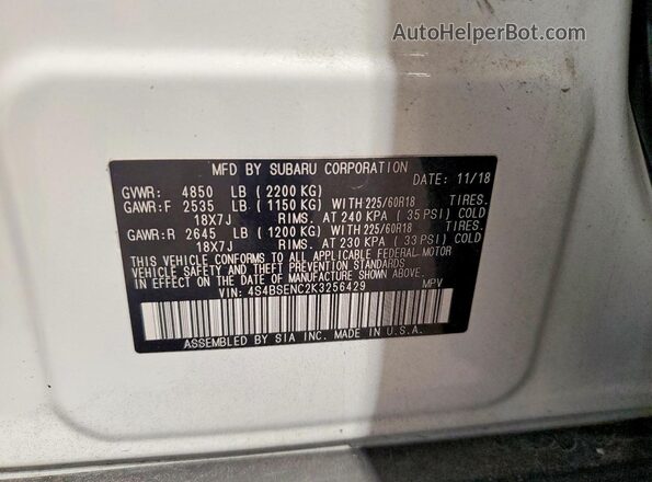 4S4BSENC2K3256429 2019 SUBARU OUTBACK White VIN კოდის სტიკერის ხედი