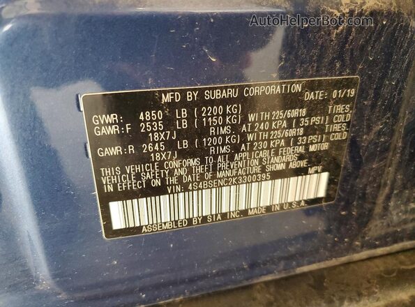 4S4BSENC2K3300395 2019 SUBARU OUTBACK Blue Vista de la etiqueta del VIN
