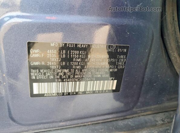 4S4BSENC3G3284716 2016 SUBARU OUTBACK Синий Вид наклейки с VIN-кодом