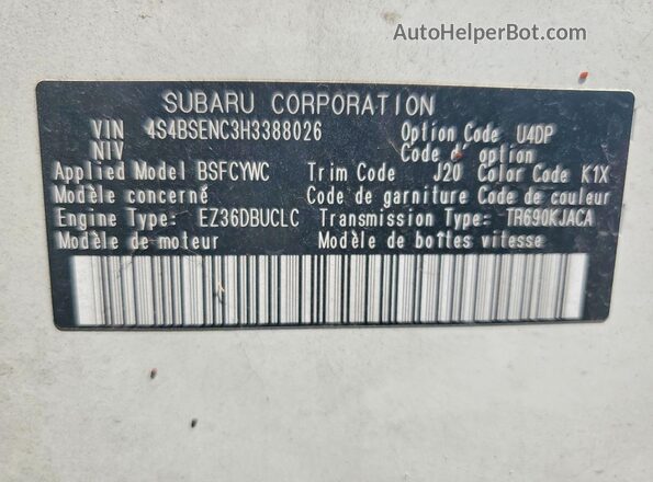 4S4BSENC3H3388026 2017 SUBARU OUTBACK White VIN კოდის სტიკერის ხედი