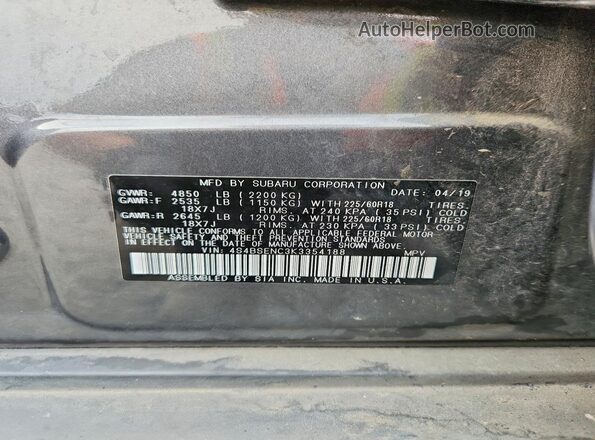 4S4BSENC3K3354188 2019 SUBARU OUTBACK Gray VIN կոդի պիտակի տեսք