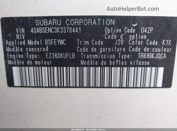 4S4BSENC3K3370441 2019 SUBARU OUTBACK Белый Вид подкапотного пространства