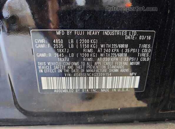 4S4BSENC4G3309154 2016 SUBARU OUTBACK Black VIN կոդի պիտակի տեսք