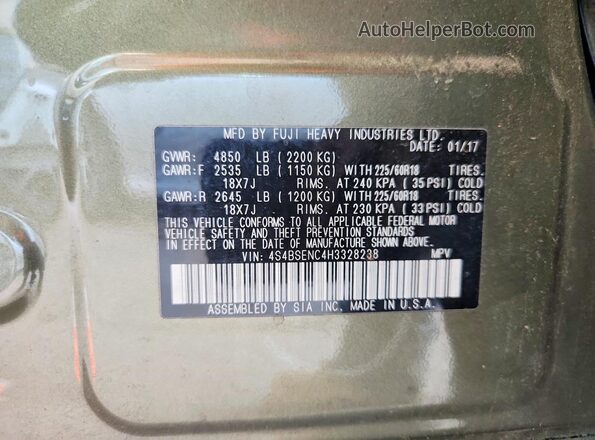 4S4BSENC4H3328238 2017 SUBARU OUTBACK Green 360 interior view