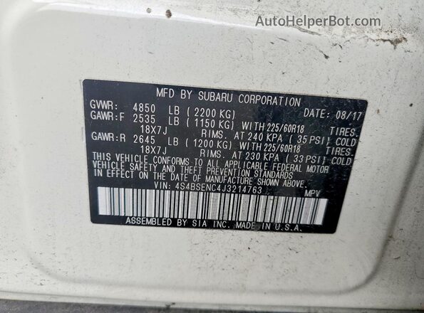 4S4BSENC4J3214763 2018 SUBARU OUTBACK White Widok naklejki z numerem VIN