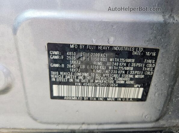 4S4BSENC5H3273654 2017 SUBARU OUTBACK Silver Вид підкапотного простору