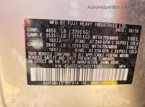 4S4BSENC5H3279177 2017 SUBARU OUTBACK Серебряный Вид наклейки с VIN-кодом