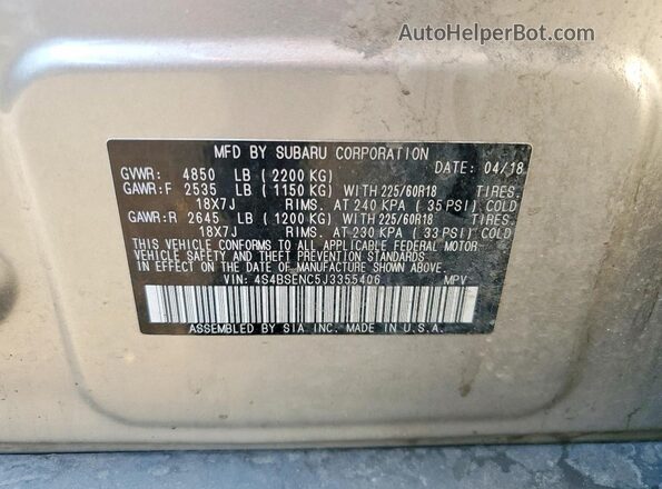 4S4BSENC5J3355406 2018 SUBARU OUTBACK Gold ძრავის განყოფილების ხედი