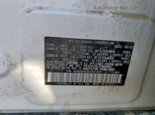 4S4BSENC5K3341331 2019 SUBARU OUTBACK White Շարժիչի բաժամունքի տեսք