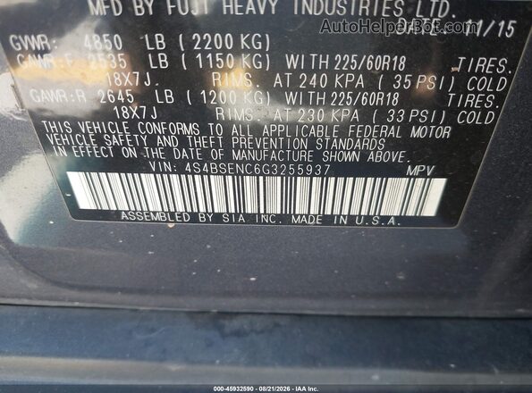 4S4BSENC6G3255937 2016 SUBARU OUTBACK Gray Вид підкапотного простору