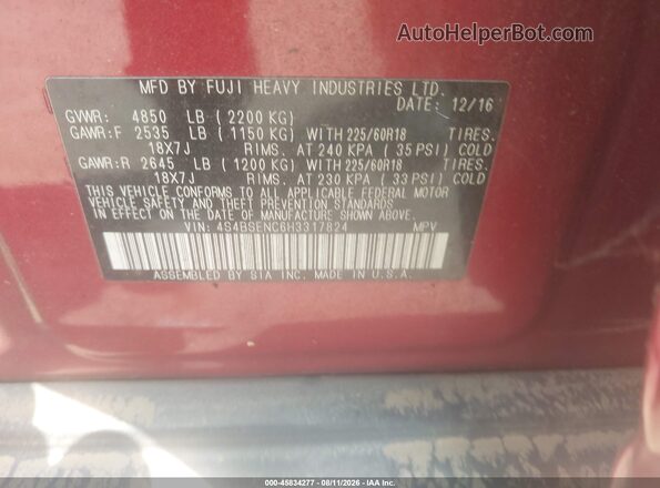 4S4BSENC6H3317824 2017 SUBARU OUTBACK Red Engine compartment view