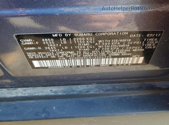4S4BSENC6J3200220 2018 SUBARU OUTBACK Blue Vista de la etiqueta del VIN