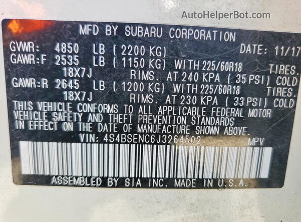 4S4BSENC6J3264502 2018 SUBARU OUTBACK White Vista de la etiqueta del VIN