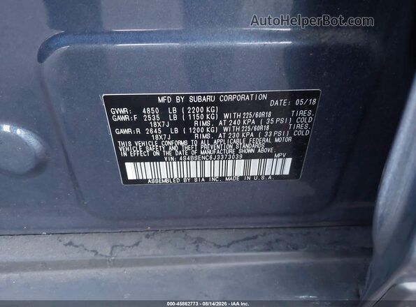 4S4BSENC6J3373039 2018 SUBARU OUTBACK Blue Widok komory silnika