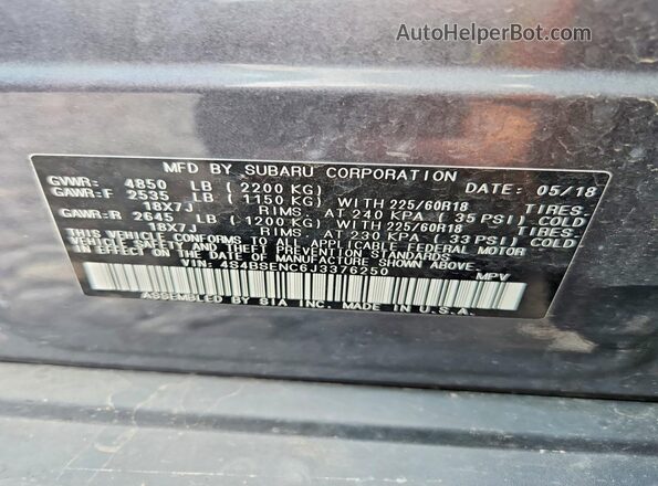 4S4BSENC6J3376250 2018 SUBARU OUTBACK Серый Вид подкапотного пространства