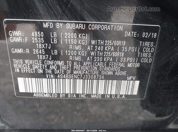 4S4BSENC7J3308734 2018 SUBARU OUTBACK Black Widok komory silnika