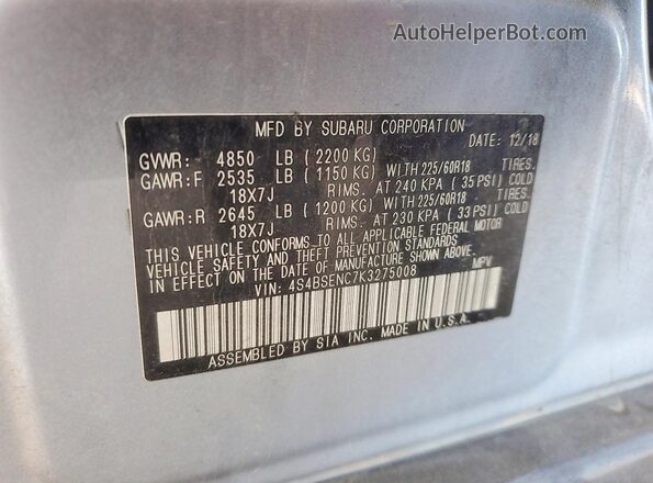 4S4BSENC7K3275008 2019 SUBARU OUTBACK Silver 
