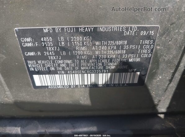 4S4BSENC8G3225791 2016 SUBARU OUTBACK Green Vista del compartimento del motor