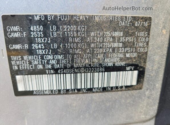 4S4BSENC8H3223086 2017 SUBARU OUTBACK Серебряный Вид наклейки с VIN-кодом