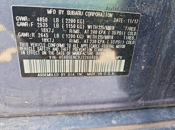 4S4BSENC9J3266809 2018 SUBARU OUTBACK Gray Вид підкапотного простору