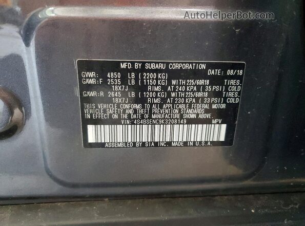 4S4BSENC9K3208149 2019 SUBARU OUTBACK Charcoal Vista de la etiqueta del VIN