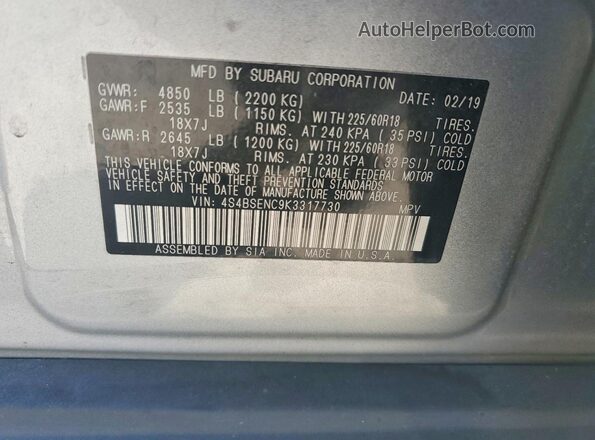 4S4BSENC9K3317730 2019 SUBARU OUTBACK Silver Vista de la etiqueta del VIN