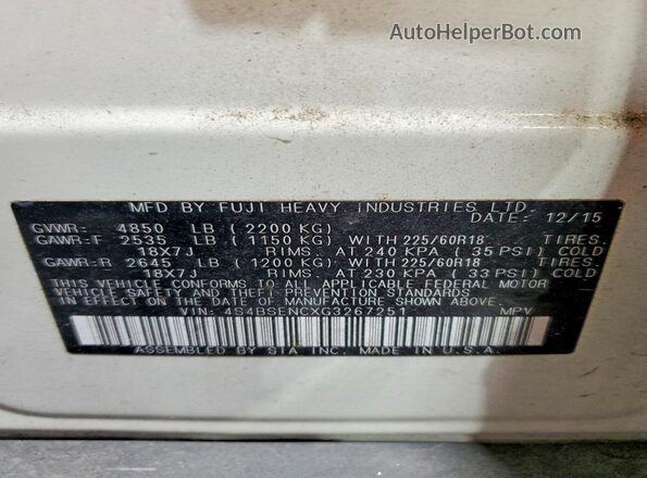 4S4BSENCXG3267251 2016 SUBARU OUTBACK White VIN կոդի պիտակի տեսք