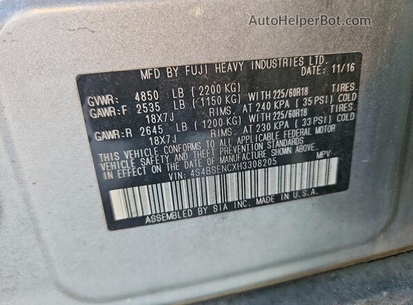 4S4BSENCXH3308205 2017 SUBARU OUTBACK Silver VIN կոդի պիտակի տեսք