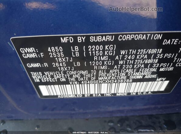 4S4BSENCXH3438288 2017 SUBARU OUTBACK Blue Widok komory silnika
