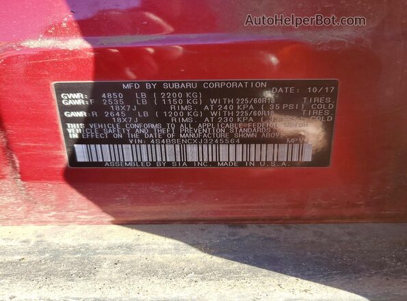 4S4BSENCXJ3245564 2018 SUBARU OUTBACK Red Widok naklejki z numerem VIN