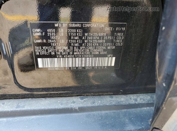 4S4BSETC2K3298960 2019 SUBARU OUTBACK Black VIN კოდის სტიკერის ხედი