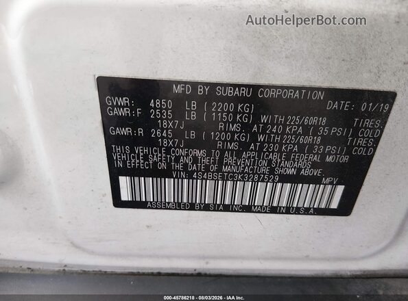 4S4BSETC3K3287529 2019 SUBARU OUTBACK White Vista del compartimento del motor