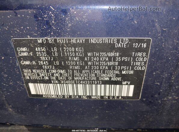 4S4BSETC4H3311913 2017 SUBARU OUTBACK Blue Շարժիչի բաժամունքի տեսք