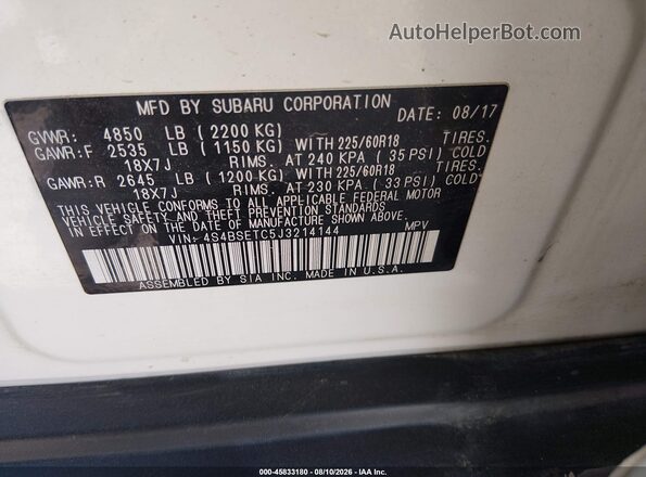 4S4BSETC5J3214144 2018 SUBARU OUTBACK White Engine compartment view