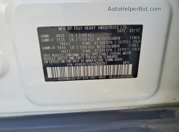 4S4BSETC8H3351251 2017 SUBARU OUTBACK White VIN sticker view
