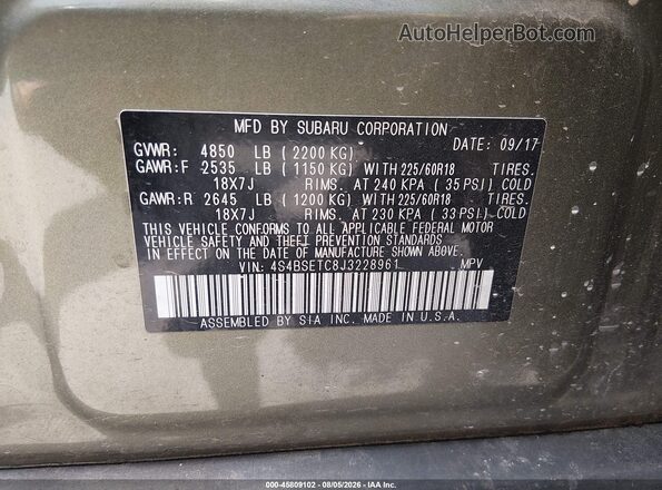 4S4BSETC8J3228961 2018 SUBARU OUTBACK Green Vista del compartimento del motor